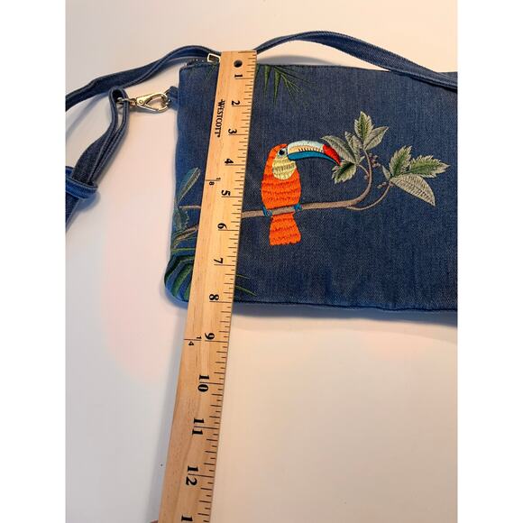 Lulu's Tropical Toucan Blue Denim Embroidered Clutch - Picture 6 of 8